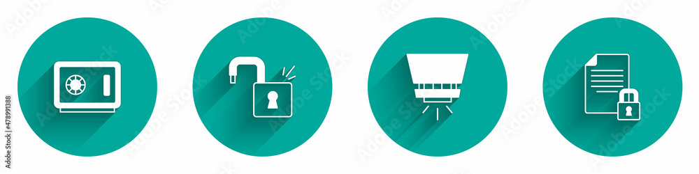 Set Safe, Open padlock, Fire sprinkler system and Document and icon with long shadow. Vector Set Safe, Open padlock, Fire sprinkler system and Document and icon with long shadow. Vector