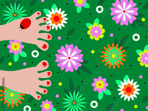 Vector graphics - human feet with painted nails and a crawling ladybug close-up on bright green grass with colorful decorative flowers. Concept - summer vacation