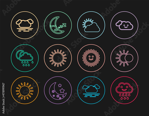 Set line Cloud with rain, Eclipse of the sun, Sun and cloud weather, moon, and Moon icon icon. Vector