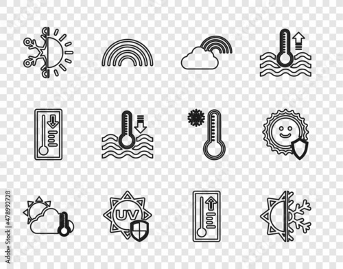 Set line Thermometer and cloud, sun, Sun snowflake, Rainbow with, UV protection, Water thermometer, Meteorology and icon. Vector