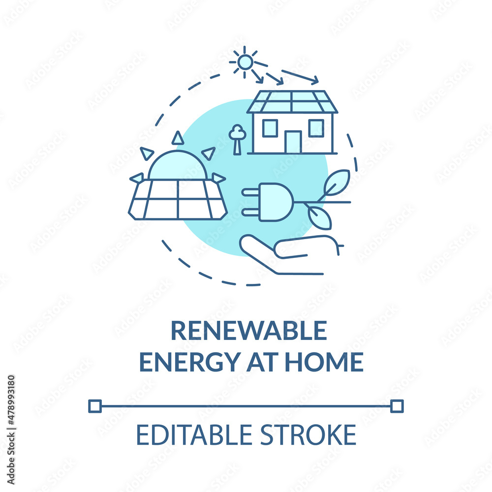 Renewable energy turquoise concept icon. Solar electricity. Climate change abstract idea thin line illustration. Isolated outline drawing. Editable stroke. Roboto-Medium, Myriad Pro-Bold fonts used