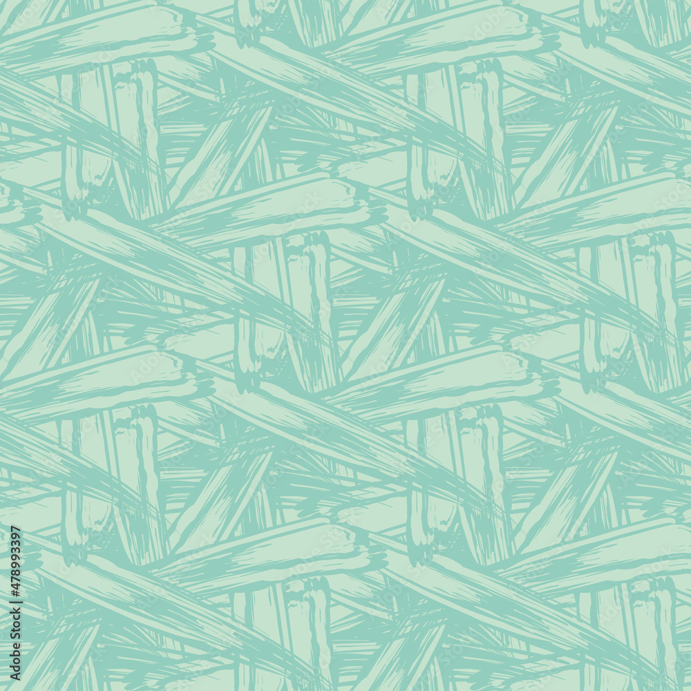 Abstract woodcut 1920s Bauhaus style. basket weave pattern. Seamless vector background. Bold serrated shapes in overlapping criss cross design.Blue faux engraving backdrop. Summery vintage repeat