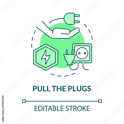 Pull plugs green concept icon. Save energy. Climate changes prevention abstract idea thin line illustration. Isolated outline drawing. Editable stroke. Roboto-Medium, Myriad Pro-Bold fonts used