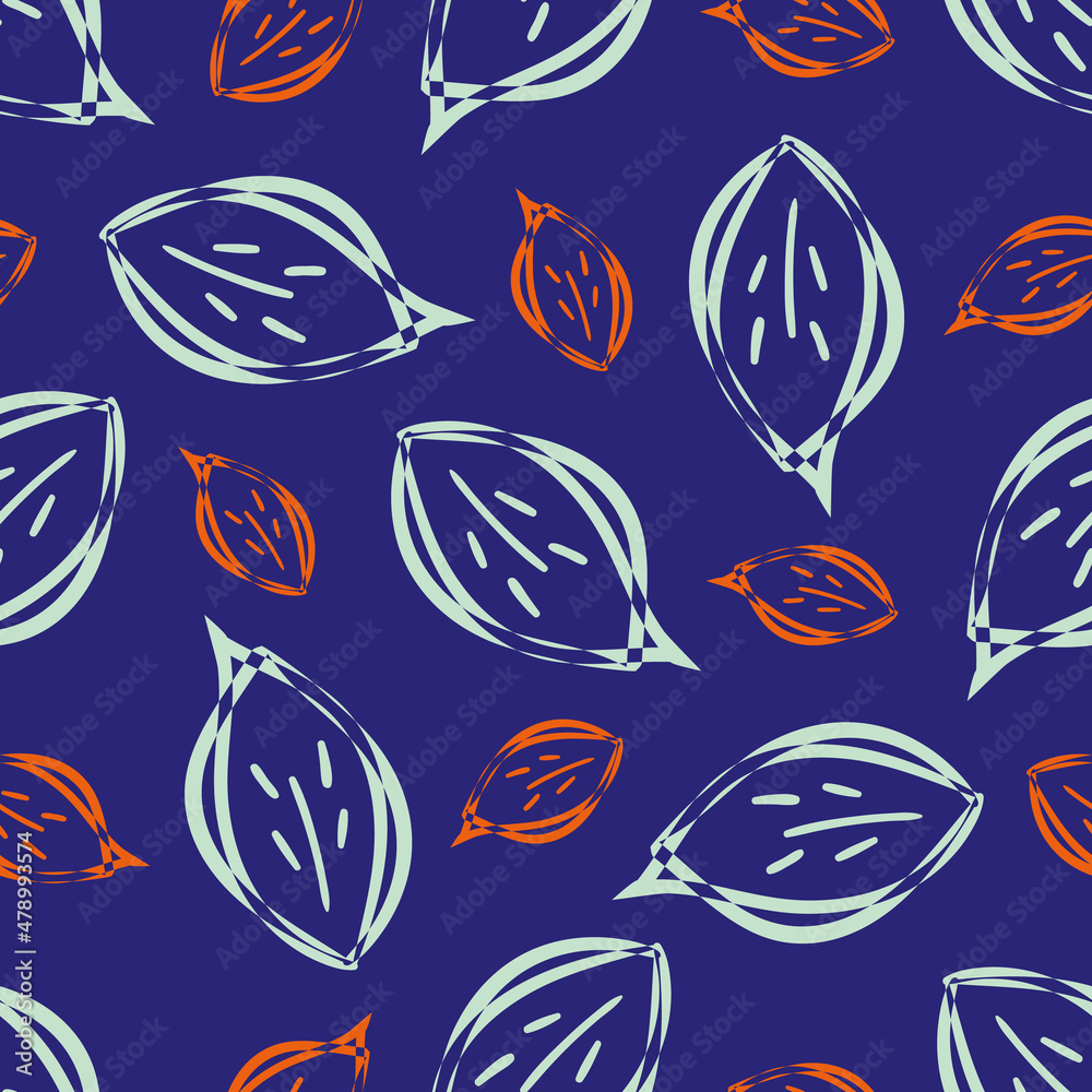Obraz premium Modern abstract faux mono print scattered leaves background. Seamless vector pattern Simple imitation lino cut effect leaf foliage blue red backdrop. Irregular stamp craft style botanical repeat.