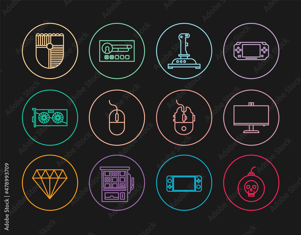 Set line Bomb ready to explode, Computer monitor, Joystick for arcade machine, mouse, Video graphic card, Shield game, gaming and Create account screen icon. Vector Set line Bomb ready to explode, Computer monitor, Joystick for arcade machine, mouse, Video graphic card, Shield game, gaming and Create account screen icon. Vector