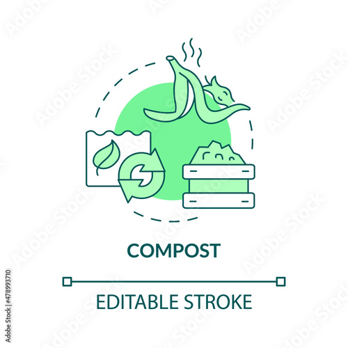 Compost green concept icon. Organic Trash. Recycled garbage. Minimize waste abstract idea thin line illustration. Isolated outline drawing. Editable stroke. Roboto-Medium, Myriad Pro-Bold fonts used