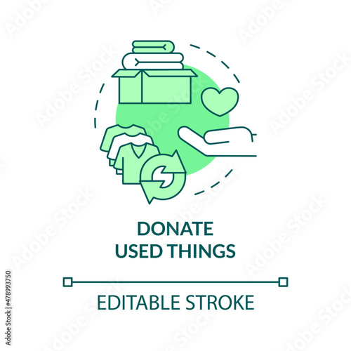 Donate used things green concept icon. Reuse clothes. Minimize waste abstract idea thin line illustration. Isolated outline drawing. Editable stroke. Roboto-Medium, Myriad Pro-Bold fonts used