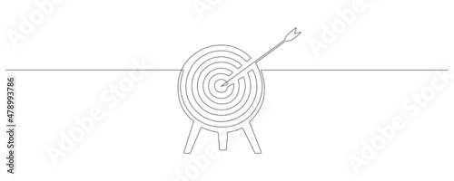 Continuous one line drawing of Target with arrow standing on tripod. Success goal achieve concept in simple linear style. Editable stroke. Doodle vector illustration