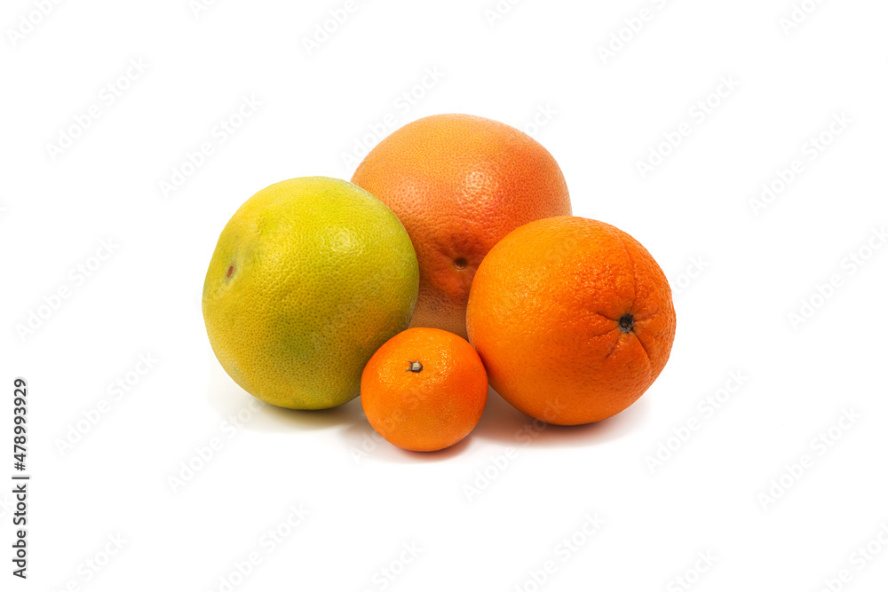 Group of citrus fruits on a white background. On a white background are orange, grapefruit, tangerine. Isolated Group of citrus fruits on a white background. On a white background are orange, grapefruit, tangerine. Isolated