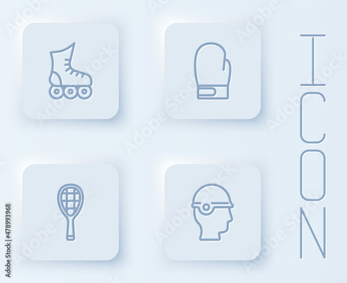 Set line Roller skate, Boxing glove, Tennis racket and Baseball helmet. White square button. Vector