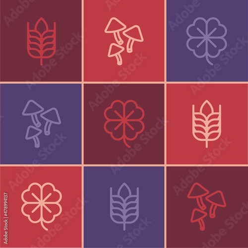 Set line Wheat, Four leaf clover and Mushroom icon. Vector
