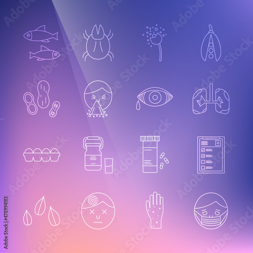 Set line Face in protective mask, Clinical record, Lungs, Flower producing pollen, Handkerchief to his runny nose, Peanut, Fish and Reddish eye allergic conjunctivitis icon. Vector
