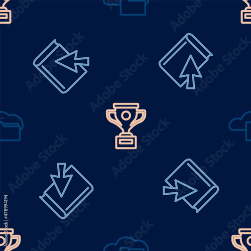 Set line Cloud or online library, Online book and Award cup on seamless pattern. Vector