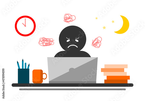 Office worker stressful and sad deadline busy overtime (O.T.) late night on working space table laptop or computer notebook white background flat vector design.