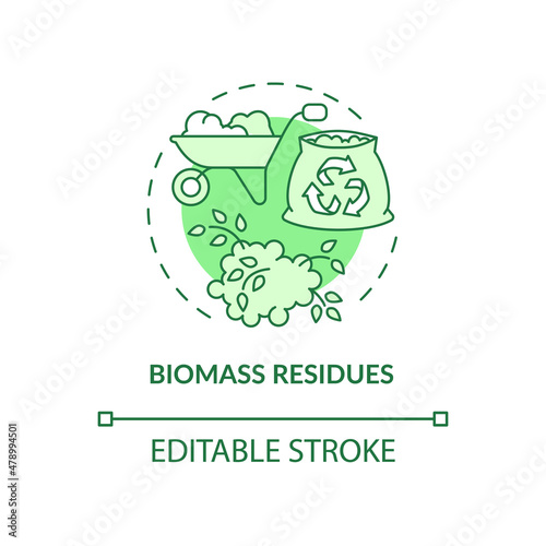 Biomass residues green concept icon. Energy source abstract idea thin line illustration. Organic components. Isolated outline drawing. Editable stroke. Roboto-Medium, Myriad Pro-Bold fonts used