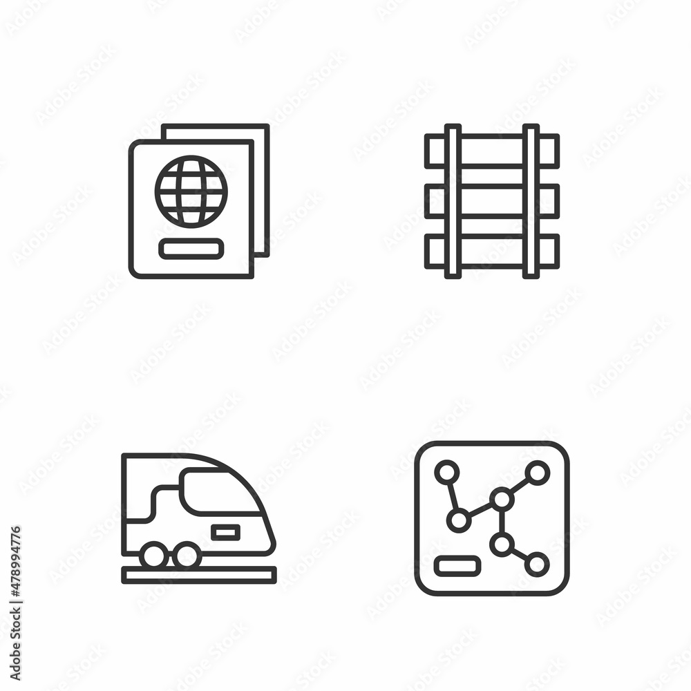 Set line Railway map, High-speed train, Passport and Railway, railroad track icon. Vector Set line Railway map, High-speed train, Passport and Railway, railroad track icon. Vector