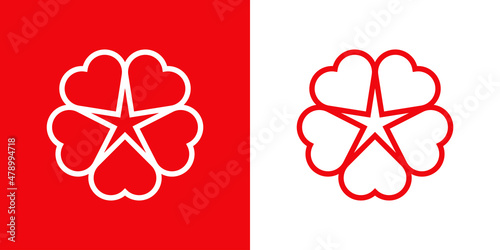 Logotipo con 5 corazones con forma de flor con líneas en fondo rojo y fondo blanco