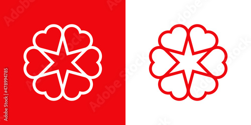 Logotipo con 6 corazones con forma de flor con líneas en fondo rojo y fondo blanco