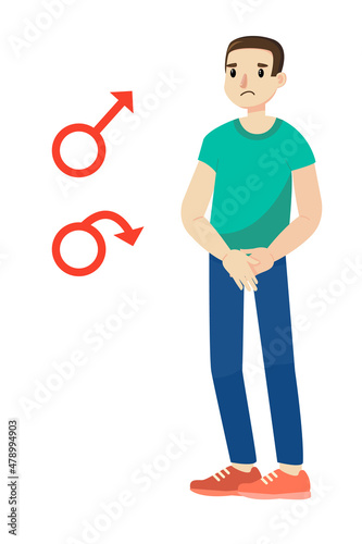 Impotence and erectile dysfunction. Sad man. Bad sex, prostatitis and prostate cancer. Problems of the sexual sphere. Stock vector cartoon illustration on a white.