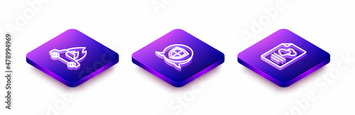 Set Isometric line Burning car, Shield and Marriage contract icon. Vector