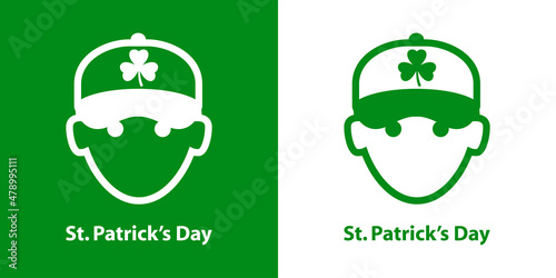 Logotipo con texto St. Patrick's Day con cara de chico con gorra de béisbol con trebol estampado con líneas en fondo verde y fondo blanco