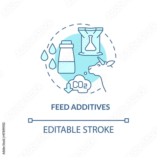 Feed additives turquoise concept icon. Livestock greenhouse gases reduction abstract idea thin line illustration. Isolated outline drawing. Editable stroke. Roboto-Medium, Myriad Pro-Bold fonts used