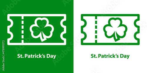 Logotipo con texto St. Patrick's Day con ticket con trebol con líneas en fondo verde y fondo blanco