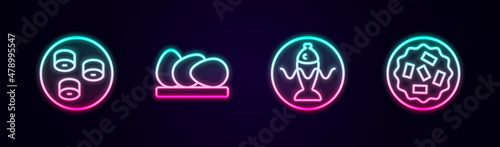 Set line Sushi, Chicken egg, Served fish on a plate and Homemade pie. Glowing neon icon. Vector