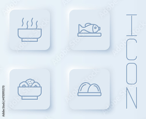 Set line Ramen soup bowl, Served fish on plate, Chow mein and Sushi. White square button. Vector