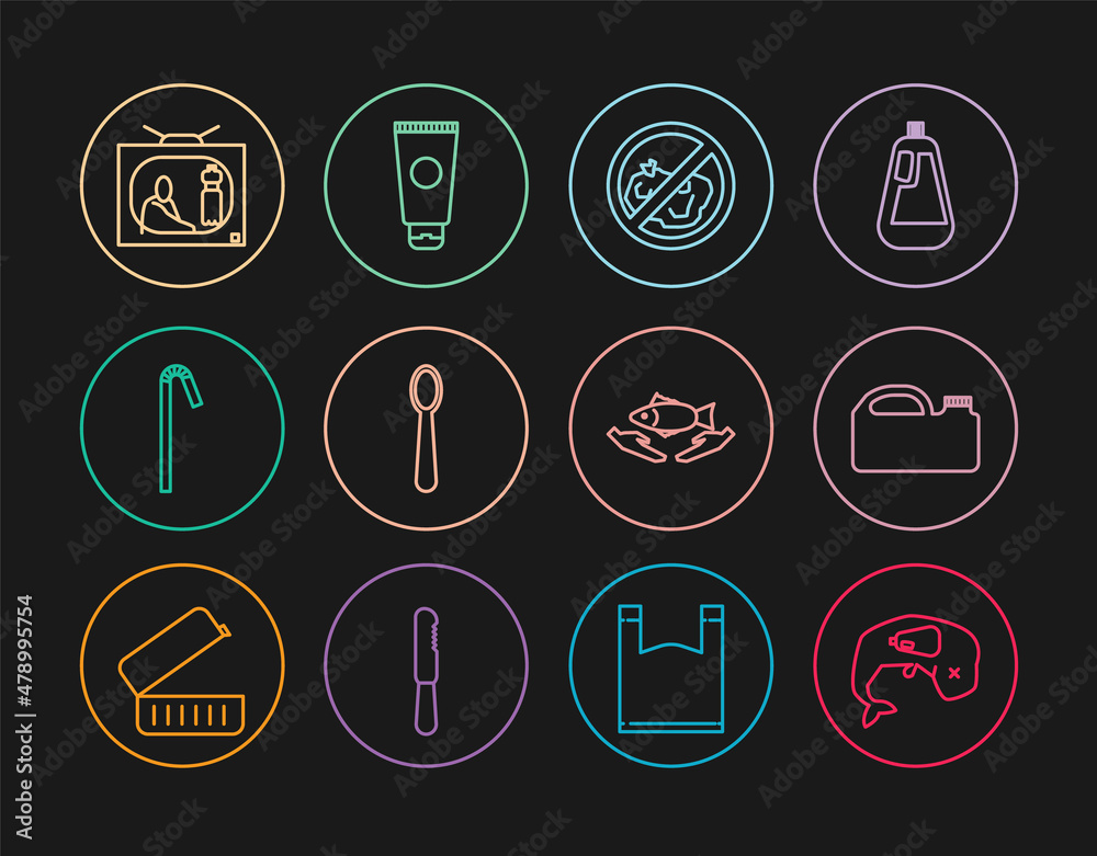 Set line Environment protection whale dead, Canister for machine oil, No trash, Disposable plastic spoon, Drinking straw, Stop pollution, Fish care and Cream cosmetic tube icon. Vector Set line Environment protection whale dead, Canister for machine oil, No trash, Disposable plastic spoon, Drinking straw, Stop pollution, Fish care and Cream cosmetic tube icon. Vector