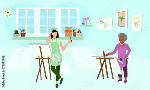 artist and woman at the painting workshop