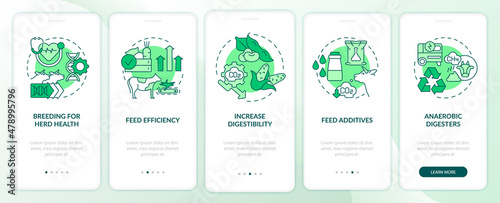 Reducing methane emissions green onboarding mobile app screen. Walkthrough 5 steps graphic instructions pages with linear concepts. UI, UX, GUI template. Myriad Pro-Bold, Regular fonts used