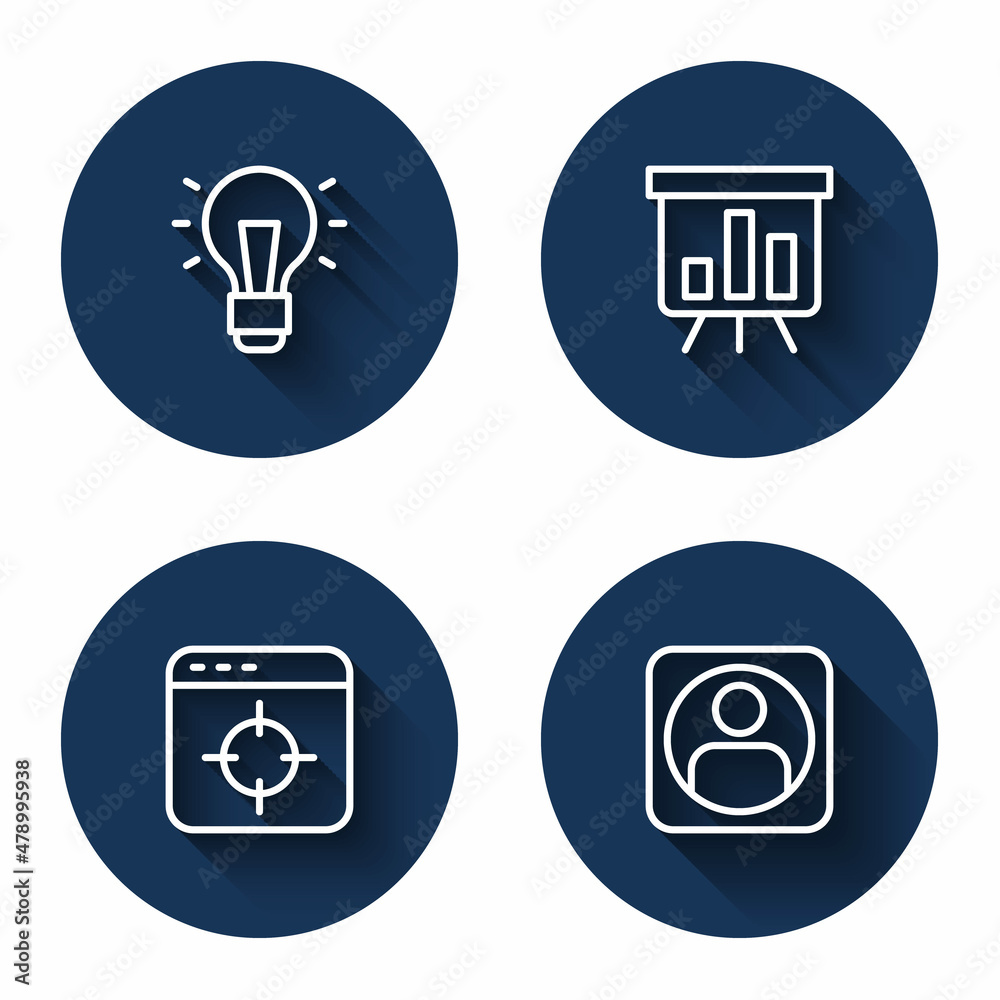 Set line Light bulb, Board with graph chart, Target financial goal and Create account screen with long shadow. Blue circle button. Vector Set line Light bulb, Board with graph chart, Target financial goal and Create account screen with long shadow. Blue circle button. Vector