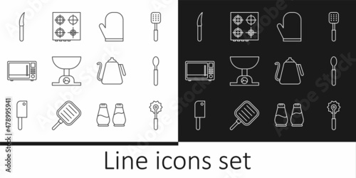 Set line Pizza knife, Spoon, Oven glove, Electronic scales, Microwave oven, Knife, Kettle with handle and Gas stove icon. Vector