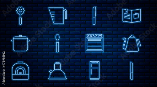 Set line Knife, Kettle with handle, Bread knife, Spoon, Cooking pot, Pizza, Oven and Measuring cup icon. Vector