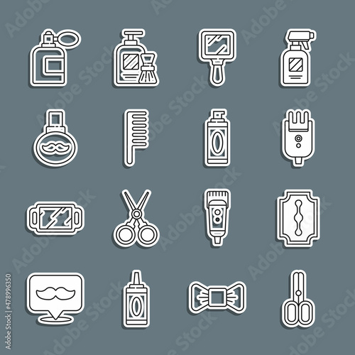 Set line Scissors hairdresser, Blade razor, Electrical clipper shaver, Hand mirror, Hairbrush, Beard mustaches care oil bottle, Aftershave with atomizer and Shaving gel foam icon. Vector