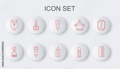 Set line Hairbrush, Cream or lotion cosmetic tube, Classic Barber shop pole, Electric razor blade for men, Scissors hairdresser, Electrical clipper shaver and Bottle of shampoo icon. Vector
