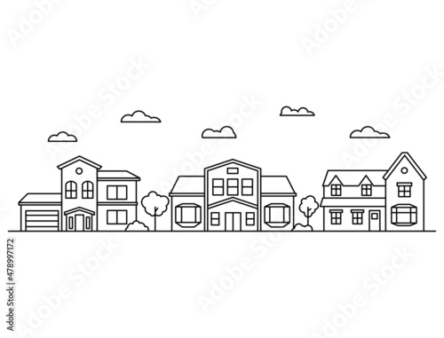 Village neighborhood line art vector.Simple house icon cityscape.Urban landscape with city street or district.