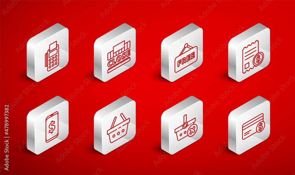 Set line Credit card and dollar, Shopping building text closed, Price tag with Free, Paper check financial check, Remove shopping basket, POS terminal credit, and Smartphone icon. Vector Set line Credit card and dollar, Shopping building text closed, Price tag with Free, Paper check financial check, Remove shopping basket, POS terminal credit, and Smartphone icon. Vector