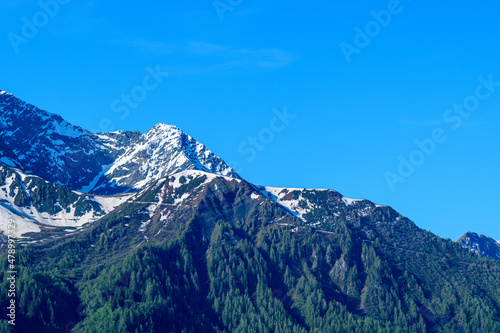 The panoramic view of Mont Lachat in the Mont Blanc Massif in Europe, France, the Alps, towards Chamonix, in summer, on a sunny day.