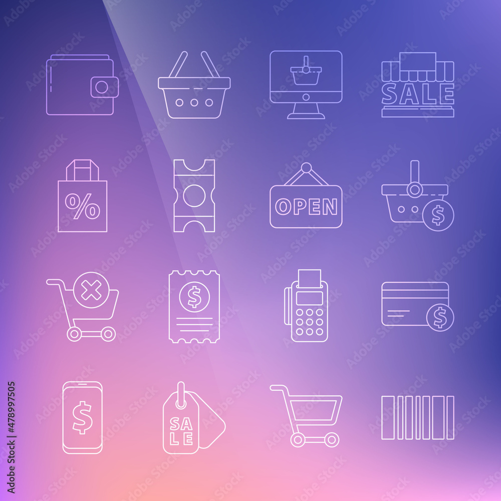 Set line Barcode, Credit card and dollar, Shopping basket, Monitor with shopping, Coupon, Shoping bag percent discount, Wallet and Hanging sign Open icon. Vector Set line Barcode, Credit card and dollar, Shopping basket, Monitor with shopping, Coupon, Shoping bag percent discount, Wallet and Hanging sign Open icon. Vector
