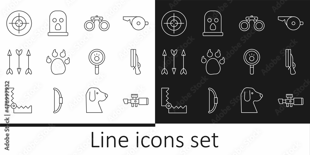 Set line Sniper optical sight, Shotgun, Binoculars, Paw print, Hipster arrows, Target sport, search and Balaclava icon. Vector