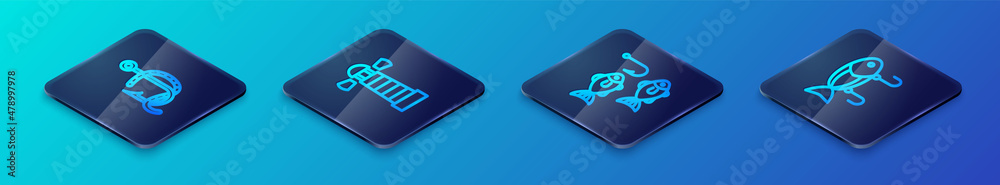 Set Isometric line Fishing hook with fish, and worm, lure and Lighthouse icon. Vector Set Isometric line Fishing hook with fish, and worm, lure and Lighthouse icon. Vector