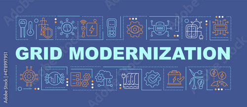 Grid modernization word concepts blue banner. Power system. Infographics with linear icons on background. Isolated typography. Vector color illustration with text. Arial-Black font used