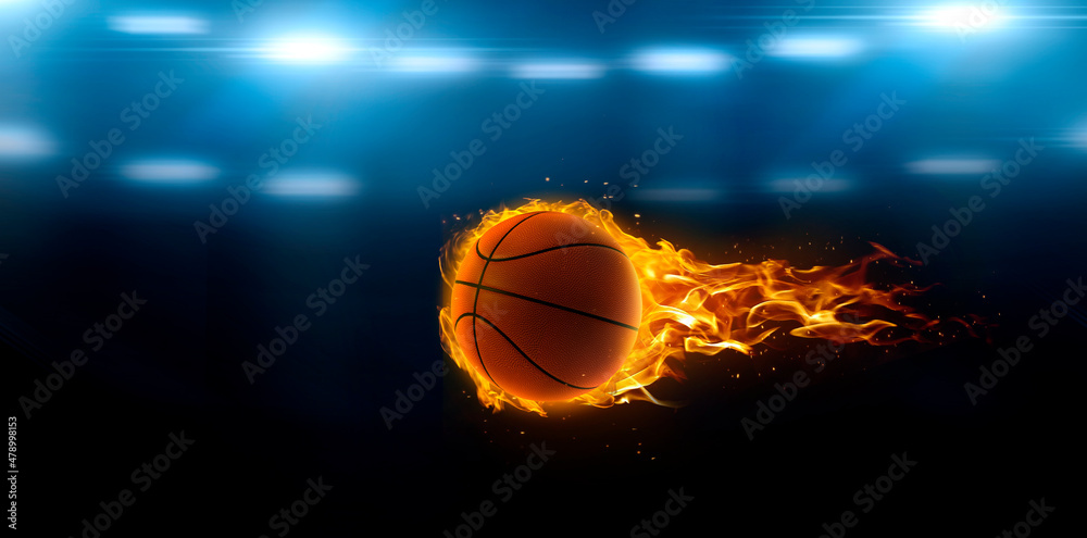 asketball on fire in basketball court stadium with lights in the field shining