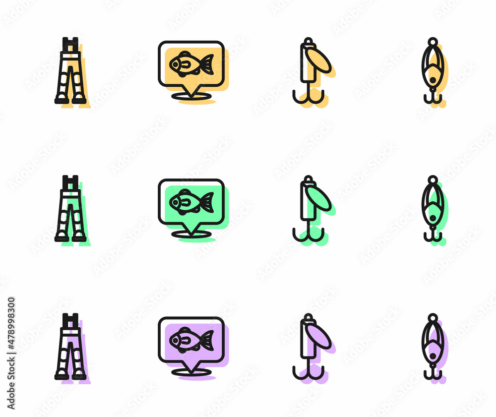 Fototapeta premium Set line Fishing lure, Fisherman pants, Location fishing and icon. Vector