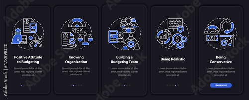 Budgeting night mode onboarding mobile app screen. Financial plan walkthrough 5 steps graphic instructions pages with linear concepts. UI, UX, GUI template. Myriad Pro-Bold, Regular fonts used