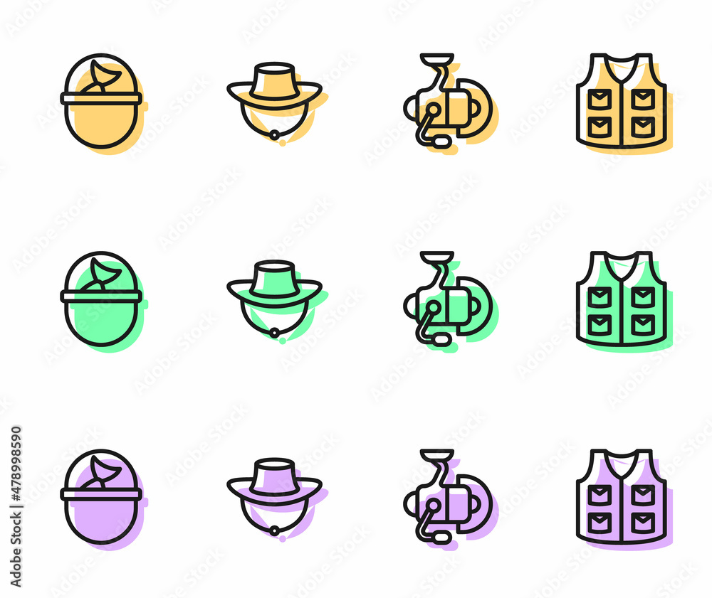 Set line Spinning reel for fishing, Fishing bucket with, Fisherman hat and jacket icon. Vector Set line Spinning reel for fishing, Fishing bucket with, Fisherman hat and jacket icon. Vector