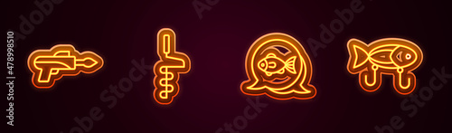 Set line Fishing harpoon, Hand ice drill, and lure. Glowing neon icon. Vector
