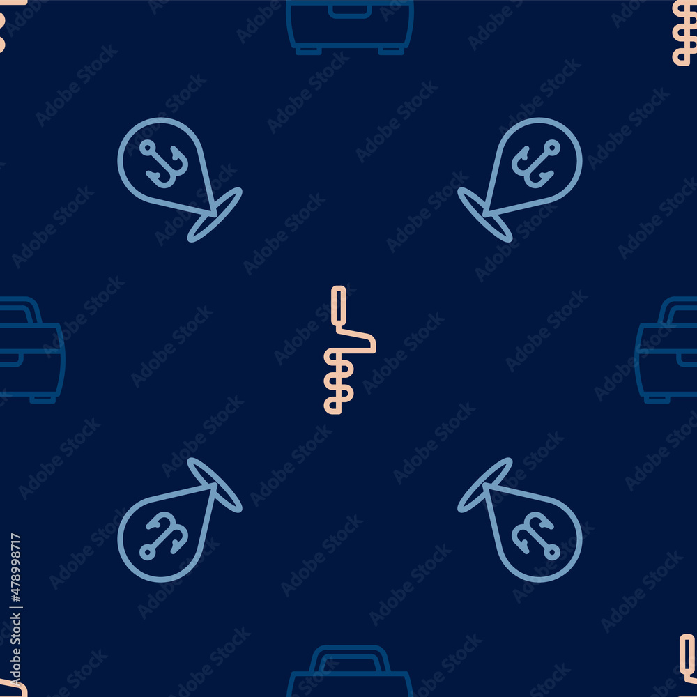 Set line Case or box for fishing equipment, Fishing hook and Hand ice drill on seamless pattern. Vector Set line Case or box for fishing equipment, Fishing hook and Hand ice drill on seamless pattern. Vector